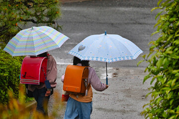 雨の日の雨傘で通学の二人の女子の後ろ姿