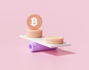3D Minimal Coins stacks and bitcoin on weighing scales, financial management, financial analysis, money-saving and money exchange concept. 3d render illustration