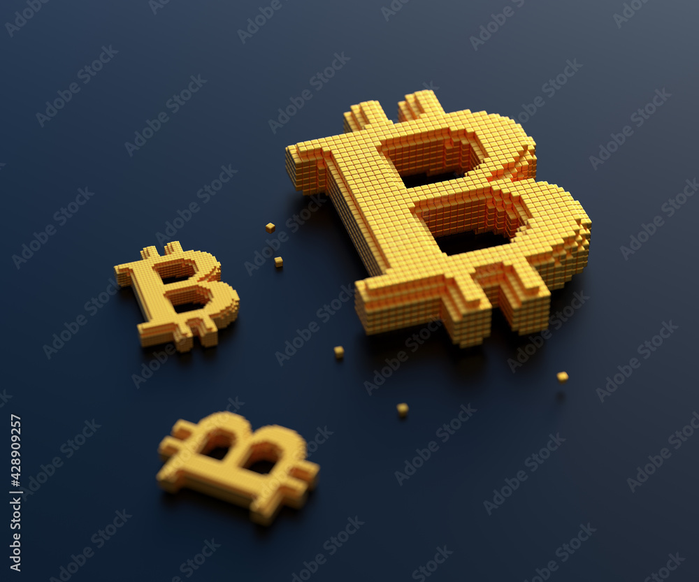 Aufkleber golden bitcoin symbol with box connection, cryptocurrency trading and mining concept. 3d render illu