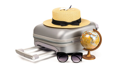 Hello summer. Womens accessories traveler: suitcase, straw hat, sunglasses and globe isolated on white background with empty space for text. Tranquil beach scene with copy space.