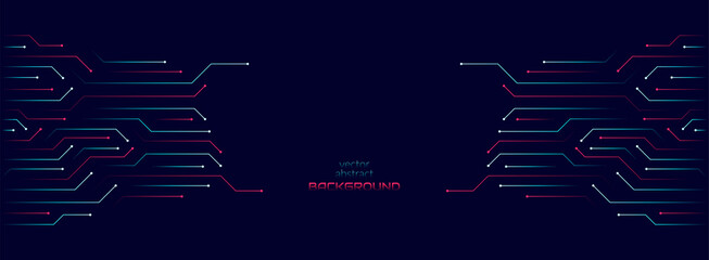 Vector abstract background on the theme of digital technology, future, cyberpunk. Dark blue background with bright blue lines computer elements. Banner template design for web, copyspace.