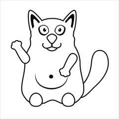 Funny fat cat on hind legs for greeting card design t-shirt, print or poster. White cat waving paw or greets. Vector illustration isolated on a white background.