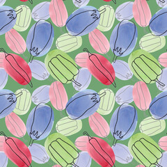 Seamless pattern with vegetables in the style of linart on a green background. Sweet pepper, chili pepper and eggplant on colored watercolor spots. The illustration is drawn in marker and watercolour.