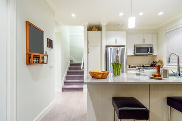Modern, bright, clean, kitchen interior with stainless steel appliances in a luxury house