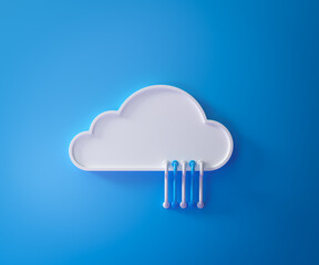 Cloud computing service, cloud data storage technology hosting concept. white cloud with cables on blue background. 3D render illustration.