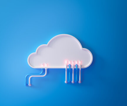 Cloud storage technology and online data storage, cloud computing, hosting white cloud with blue background. 3d render illustration