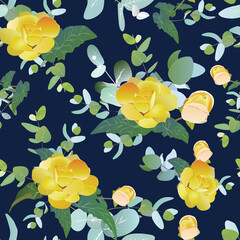 Realistic yellow flowers and eucalyptus leaf bouquets over navy blue background, seamless pattern