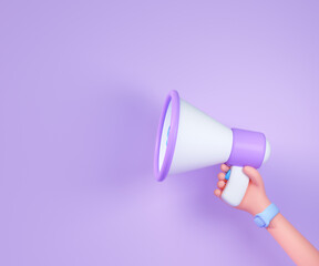Cartoon hand holding megaphone on purple background with copy space. 3d render illustration