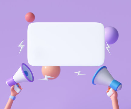 Cartoon Hand Holding Megaphone With Speech Bubble On Purple Background With Copy Space. 3d Render Illustration