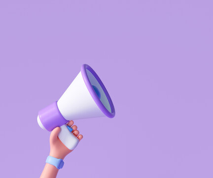 Cartoon hand holding megaphone on purple background with copy space. 3d render illustration
