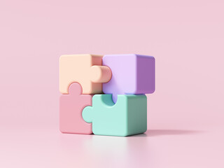 3D jigsaw puzzle pieces on pink background. Problem-solving, business concept. 3d render illustration