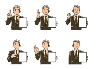 画面が空欄のタブレットPCを持つスーツ姿の年配の男性のイラストセット
