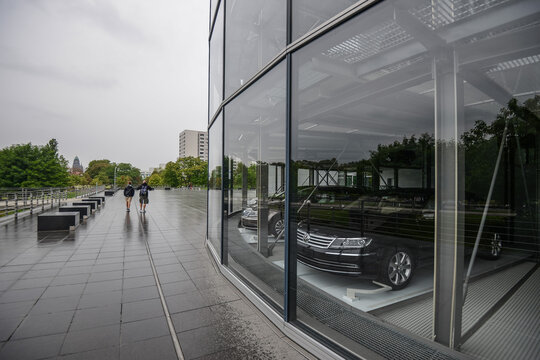 GERMANY DRESDEN - AUGUST 2015: Car in a showroom of the Volkswagen building, car behind glass. Glaeserne Manufaktur. Glass manufactory Volkswagen.