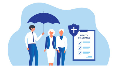 Insurance agent holding umbrella over senior couple to protect from life health accident. Health and life insurance policy, healthcare concept
