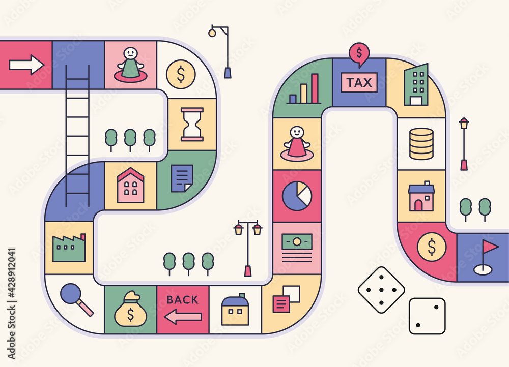 Poster directions game concept template. financial icons are placed in each cell. flat design style minimal