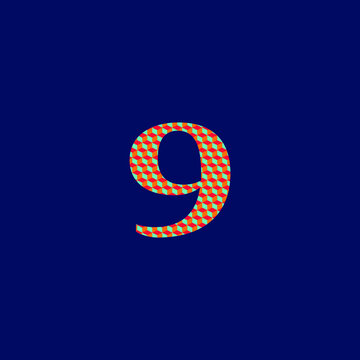 9 number admiration symbol  with textured volume orange red and blue colors on blue background 