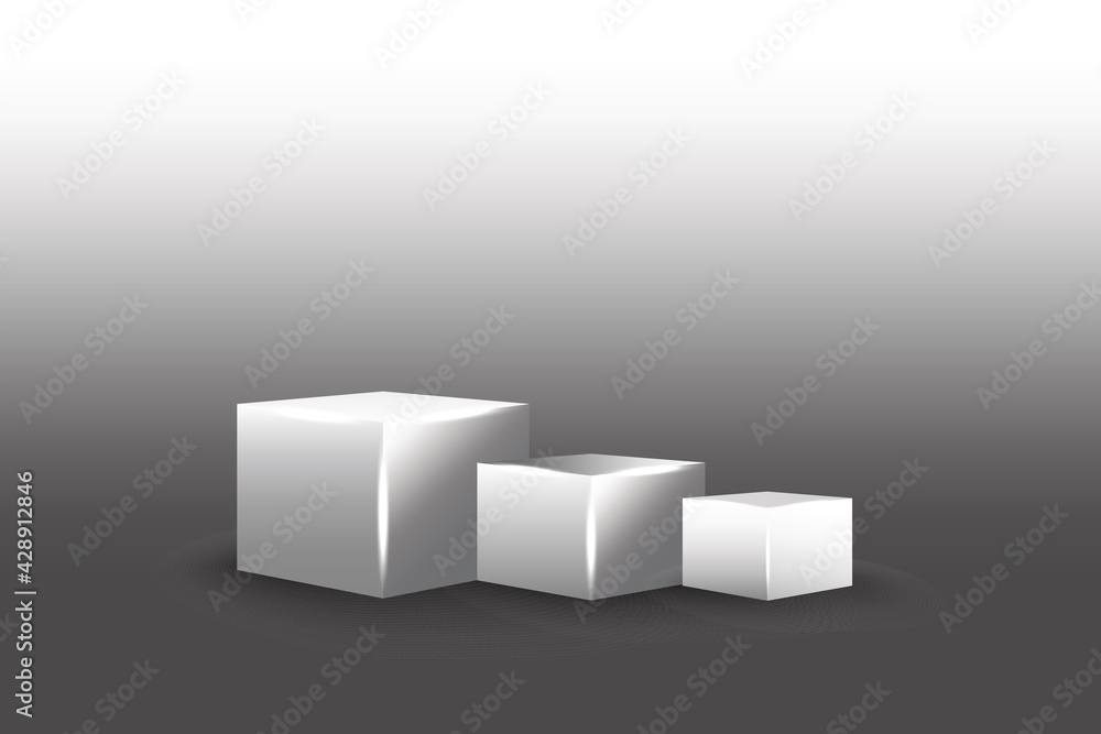 Poster three white cubes in realistic style. empty open gift box template. vector illustration. stock image