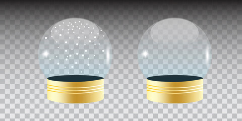Glass snow globe realistic 3d design. White new year background. Vector illustration. Stock image.