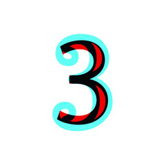 Stereoscopic stereo 3d vector number 3 three. Colorful glitch alphabet. Typography effect stereoscopic illustration