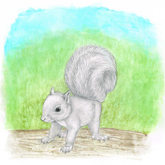 Delicate Watercolor Painting of Small Cute Gray Squirrel