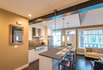 Modern, bright, clean, kitchen interior with stainless steel appliances in a luxury house