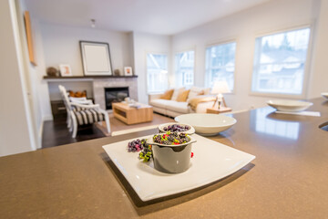 Modern, bright, clean, kitchen interior with stainless steel appliances in a luxury house