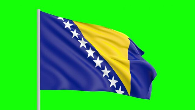 National Flag Of Bosnia and Herzegovina Waving In The Wind on Green Screen With Alpha Matte
