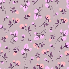 Delicate spring flowers and leaves. Seamless pattern. Botanical print for sandstone on fabric, paper, packaging. Isolated background.