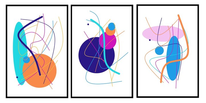 Set Three Pieces Of Colorful Abstract Line Art Of Wall Art. Geometry Wall Decor With Scandinavian Style.