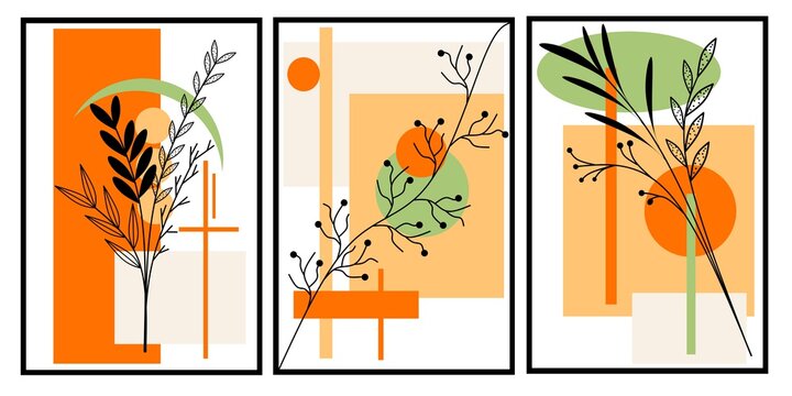 Set three pieces of Line art bontanical flowers wall art. Scandinavian style vector Ilustration of wall decor. Minimalist Orange and green wall Decorations.