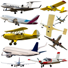 Passenger airplanes, gliders, gyroplanes, aircrafts isolated on white background