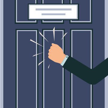 A knock on the door. The man's hand is knocking on the door. Please allow me to enter the room. Office door with a sign.A persistent businessman, client, manager, guest or salesperson. Fragment.Vector