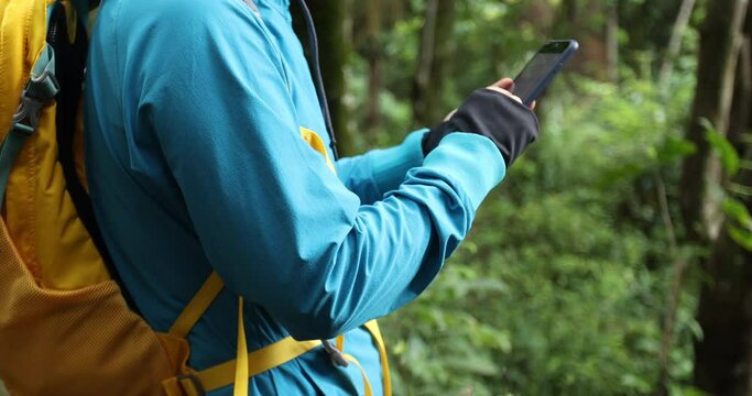 Woman hiker using smartphone  in spring forest