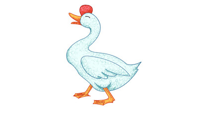 Cartoon Goose Drawing. cute animal oil pastel drawing crayon doodle for children book illustration, poster, or wall painting.