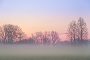 fog over the grassland with in the background a railway with electric top mast
