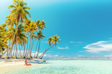 Travel vacation perfect iconic beach with beautiful woman in bikini on private beach island motu...