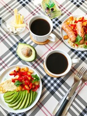 home-made healthy breakfast and coffee. organic food. healthy eating. family breakfast.
