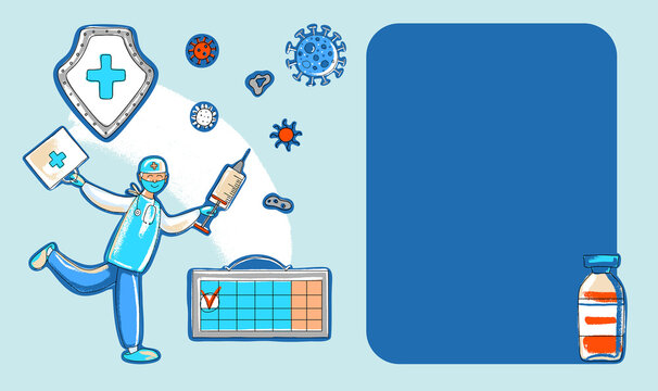 Blue realistic viral banner, with a doctor rushing to the rescue. Illustration of COVID-19 research methods and coronavirus prevention. Hand-drawn design.