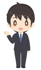 案内するビジネススーツ姿の男性