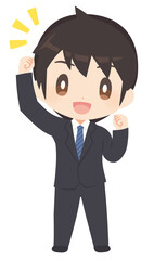 ガッツポーズで張り切るビジネススーツ姿の男性