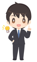 指差しポーズでひらめくビジネススーツ姿の男性