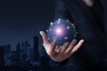 Hand holding virtual global connection with 5G technology. Global network connection and future technology concept. High-speed internet. Wireless system for internet of thing.