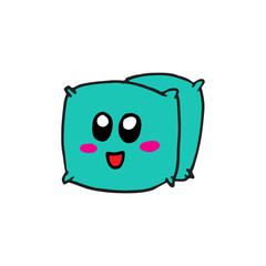 adorable pillow illustration with face on white background. kawaii apparel with eyes, cheeks and smiley face. hand drawn vector. doodle art for logo, label, kids, cover, poster, banner, advert,clipart