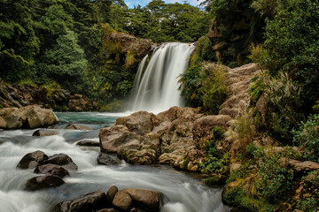 Tawhai Falls, a rocky forest cascade in New Zealand National Park with a pool for swimming, used as...