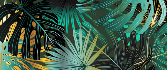Luxury gold tropical leaves background vector. Wallpaper design with golden line art texture from palm leaves, Jungle leaves, monstera leaf, exotic botanical floral pattern. © TWINS DESIGN STUDIO