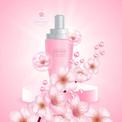 Obraz na płótnie Canvas Cherry Blossom cream serum product vector illustration.