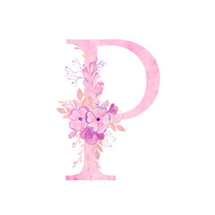 Pink letters with flowers. Romantic, delicate watercolor font. Wedding clipart on a white background.