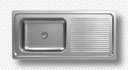 Stainless steel sink top view 3d mockup. Kitchen metal washbasin with right side place for clean dishes. Silver colored household stuff isolated on transparent background, Realistic vector mock up