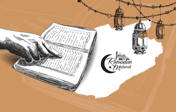 Ramadan Mubarak. hand reading holy muslim book hand drawn isolated on brown background white brush
