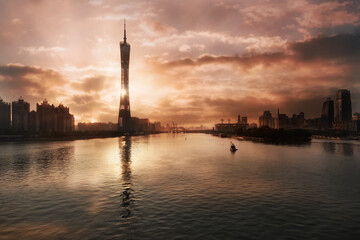 Fototapeta na wymiar Guangzhou, Guangdong, China. Pearl (Zhujiand) River, Zhujiang New Town, TV tower, Tianhe District view. 